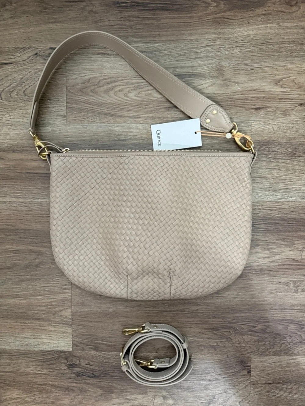 Quince Beige Woven Leather Shoulder Bag with Gold Hardware - SIZE LARGE - Picture 8 of 8